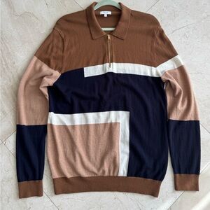 Reiss Men's Zip Up Sweater in Brown, Black, and Cream